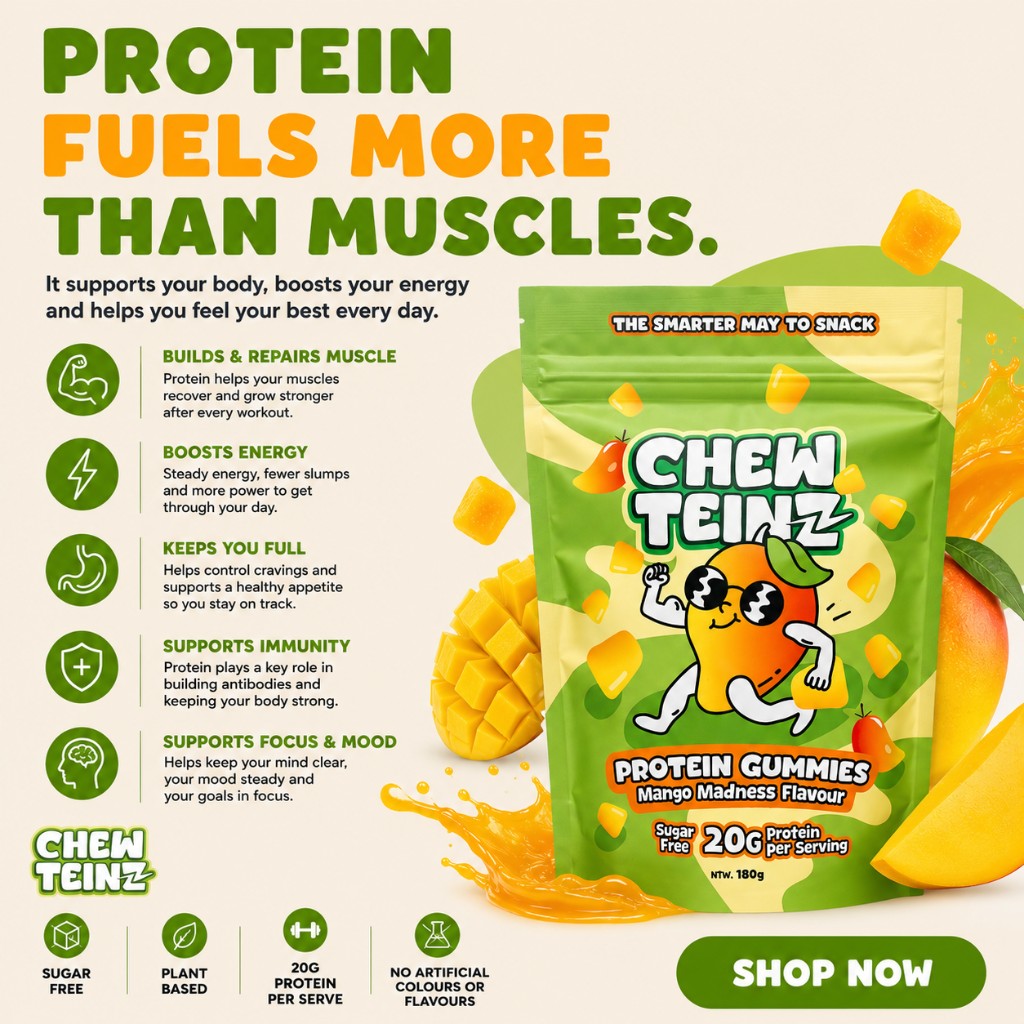 ChewTeinz Mango Madness protein gummies — protein benefits and product artwork
